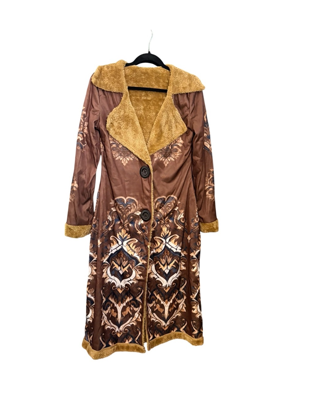 Vintage Inspired Long Brown Patterned Plush Lining 2 Button Closure Coat sz M